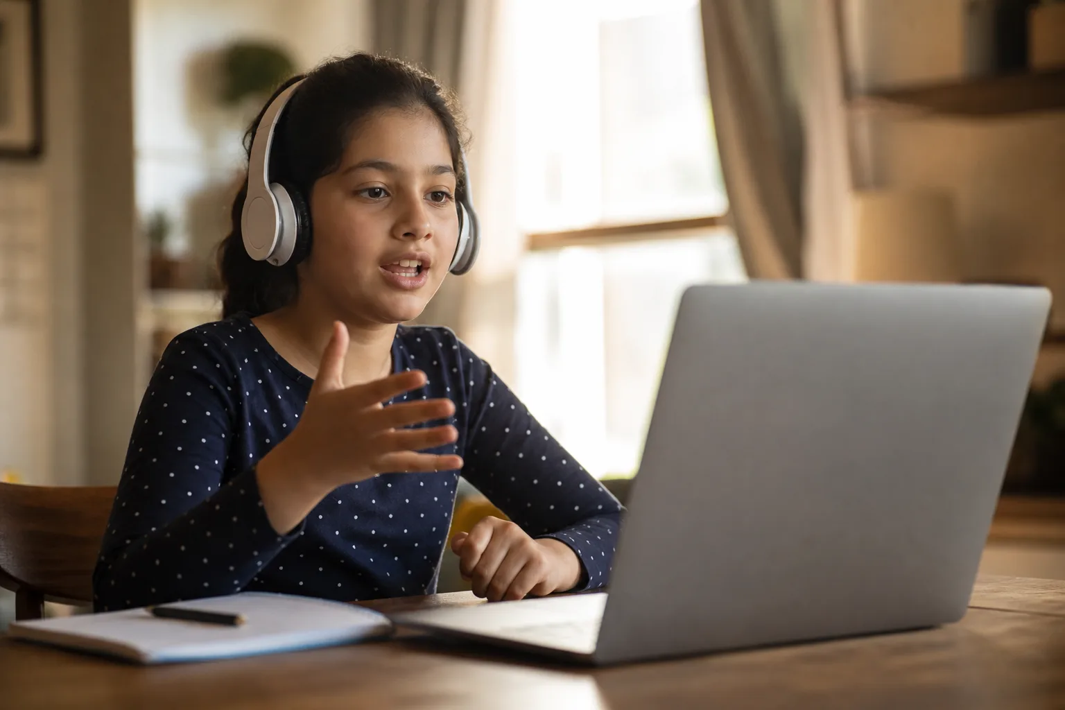 Dziecko w wieku 10–11 lat na lekcji angielskiego online z native speakerem