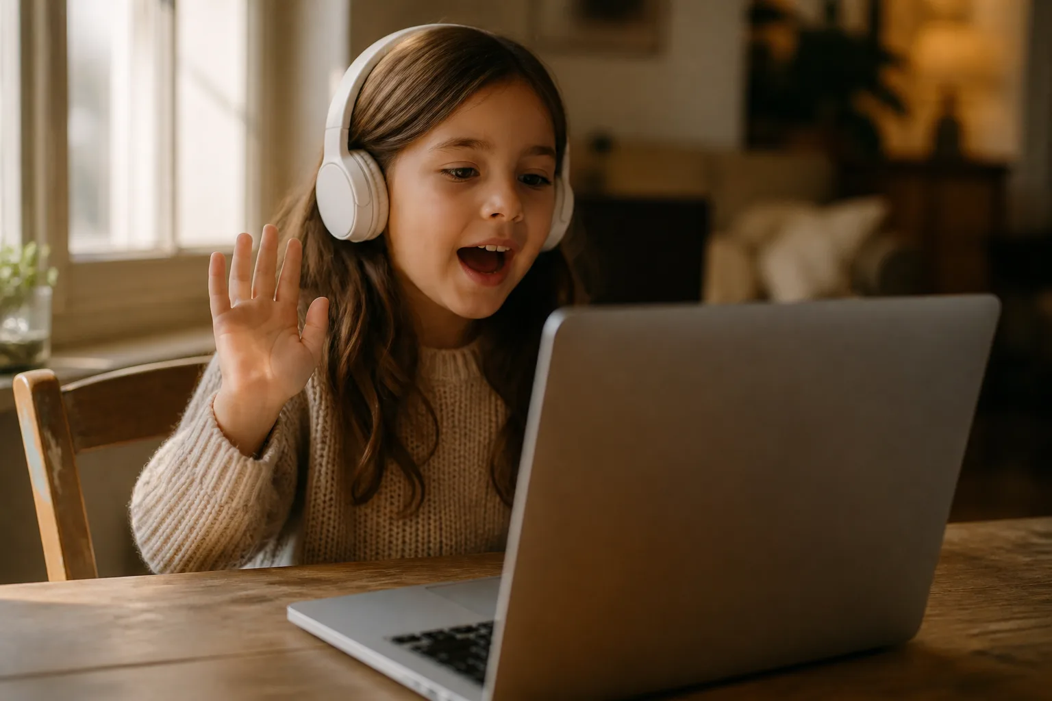Dziecko w wieku 7–8 lat na lekcji angielskiego online z native speakerem