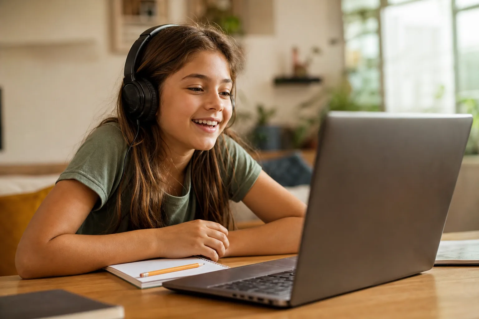 Dziecko w wieku 9–10 lat na lekcji angielskiego online z native speakerem